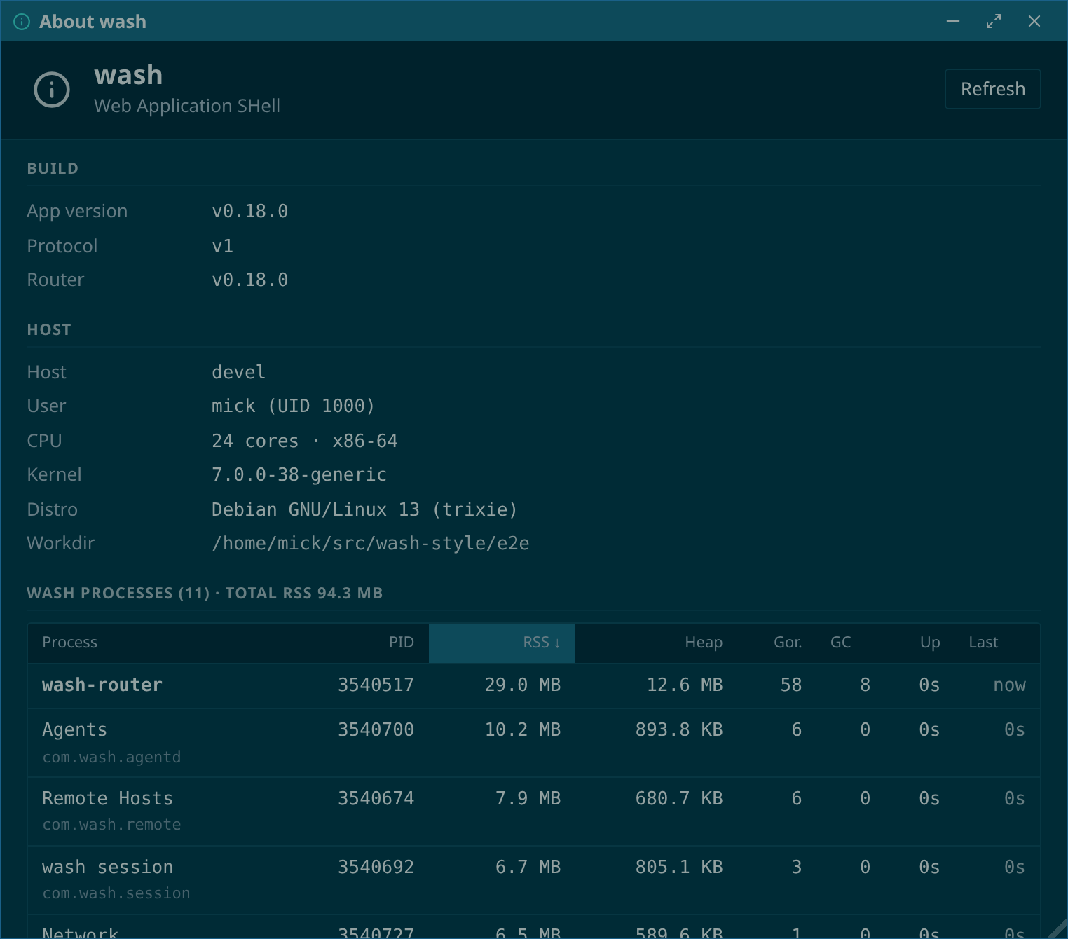 About wash, with build facts and a process table