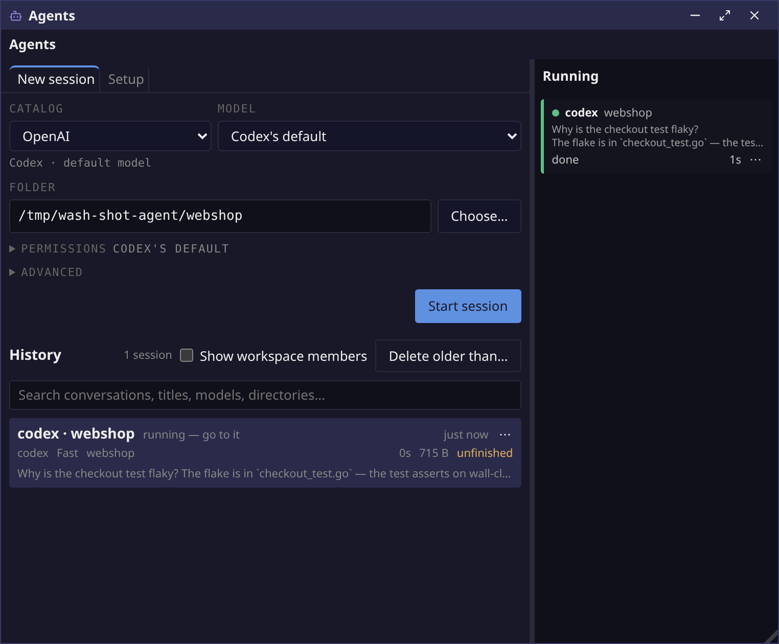 The Agents manager: start a session from a catalog and model, with Running and History lists