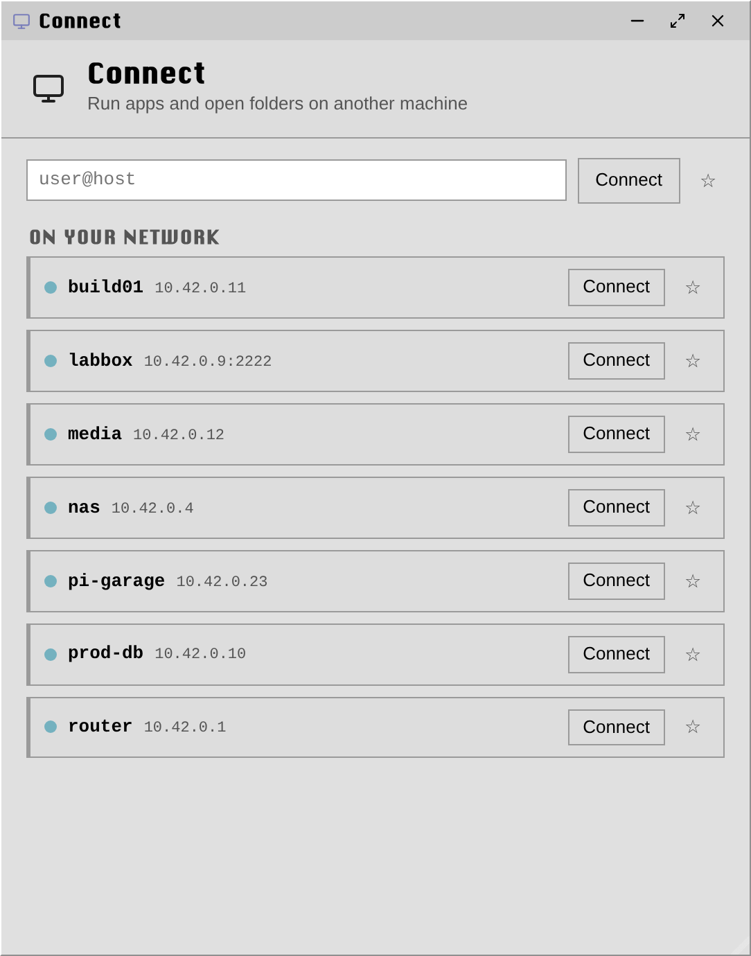 Connect: an SSH target field and a list of hosts discovered on the network
