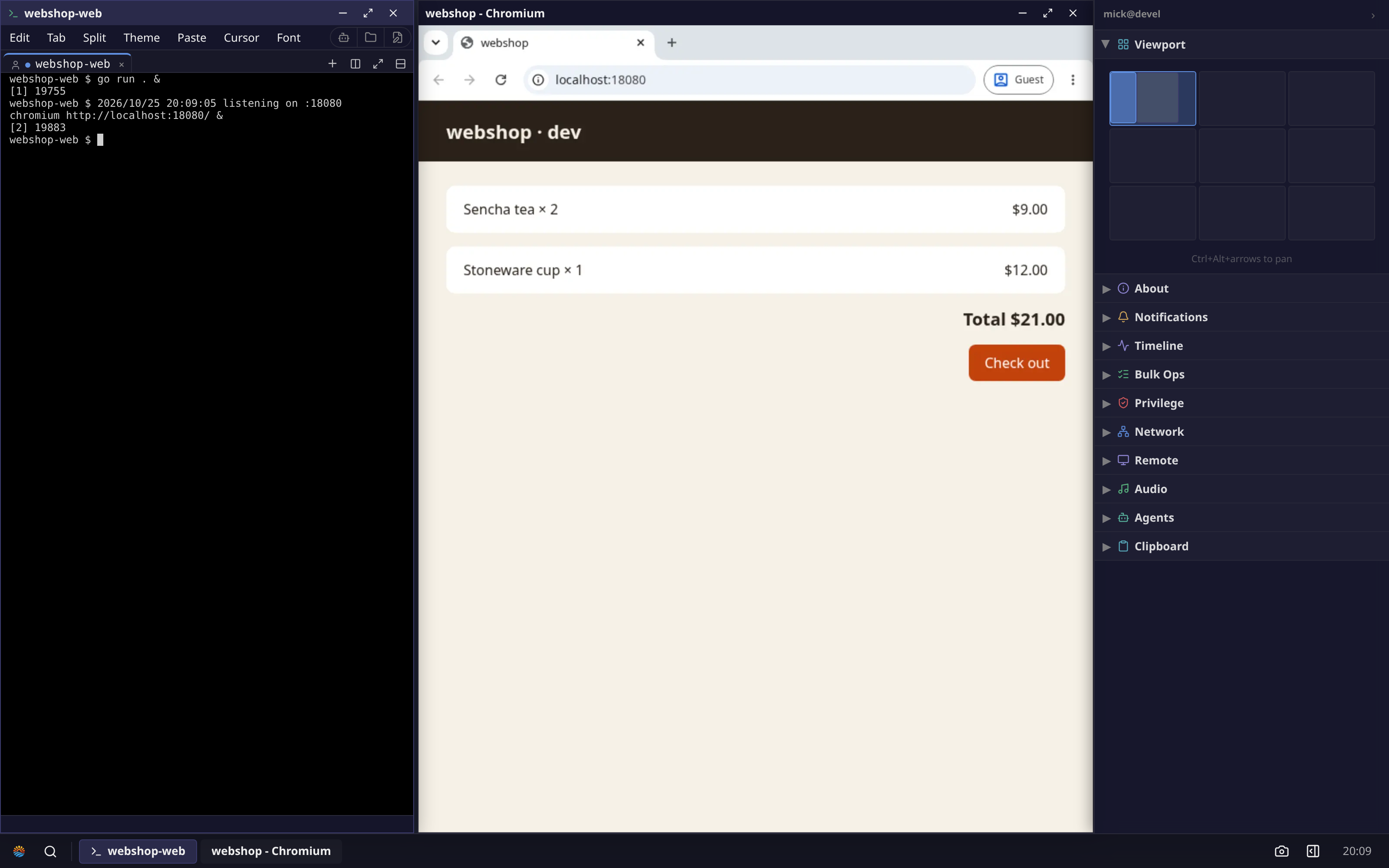 A terminal running go run . with the server listening on :18080, tiled beside a Chromium window showing the webshop dev page at localhost:18080.