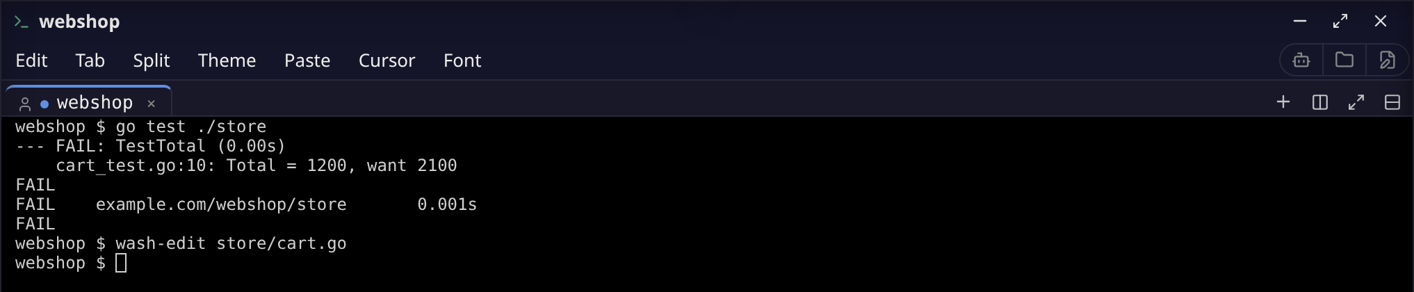 Terminal: go test ./store fails with Total = 1200, want 2100, then wash-edit store/cart.go.