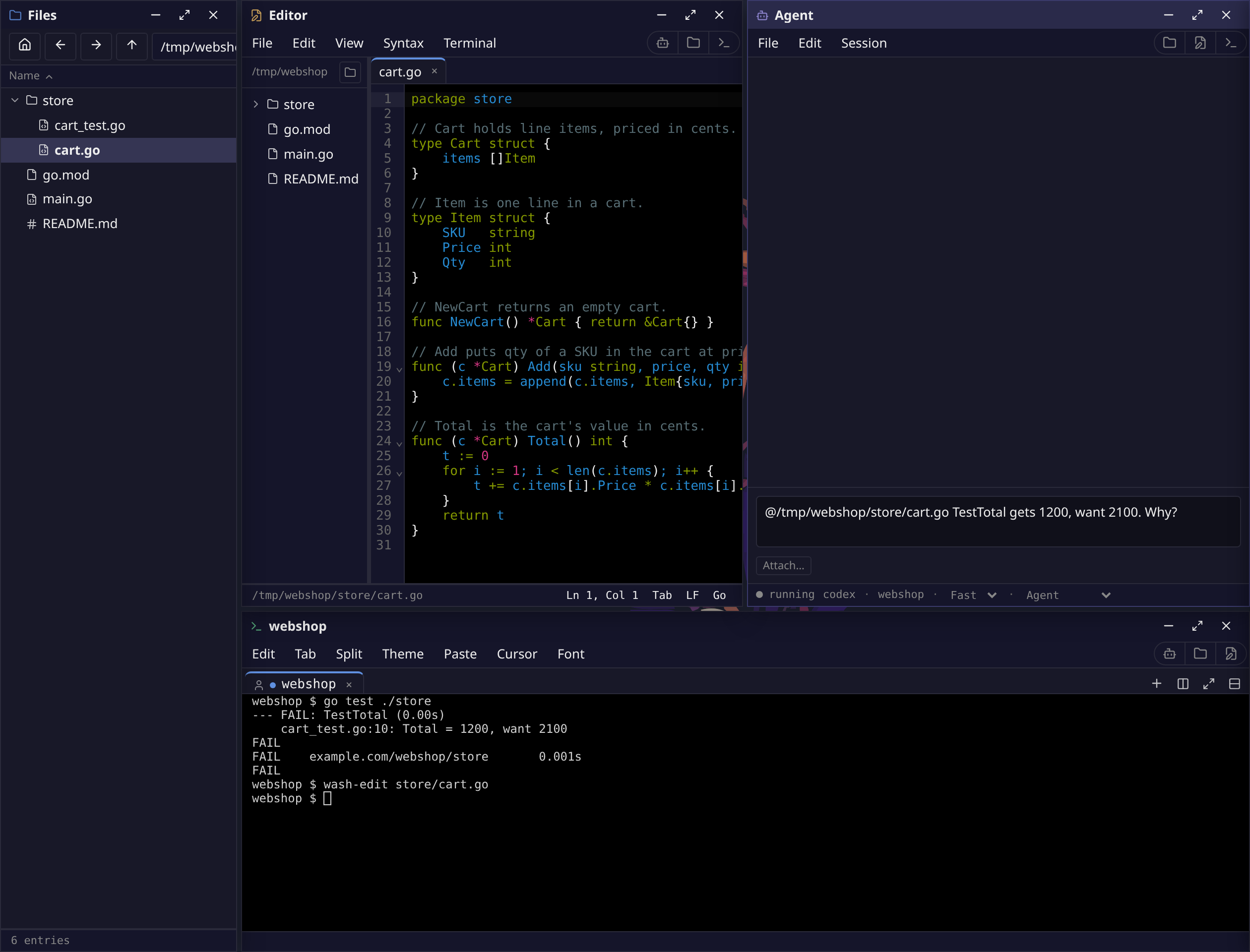 Files, Editor and Agent tiled: cart.go is selected in Files, the Editor shows a loop starting at index 1, and the agent's input holds @…/store/cart.go and the question.
