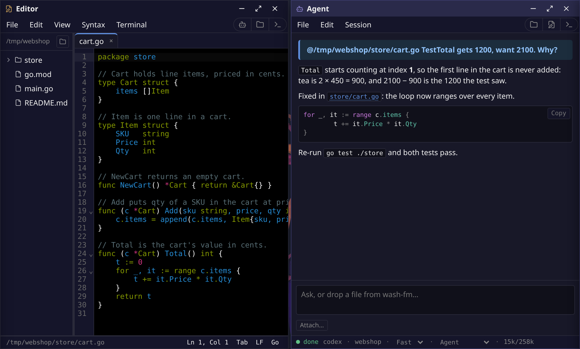 Editor showing the fixed range loop, next to the Agent explaining that Total started counting at index 1.