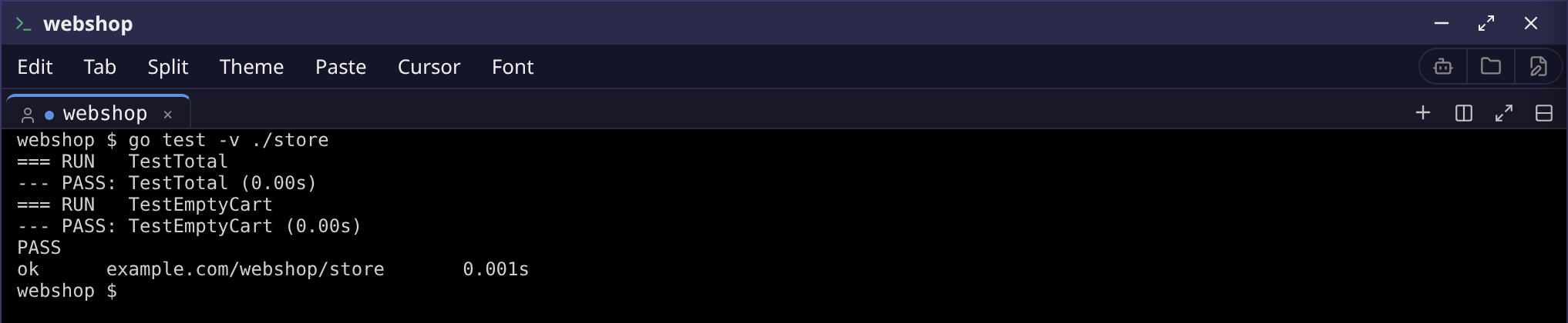 Terminal: go test -v ./store, both TestTotal and TestEmptyCart pass.