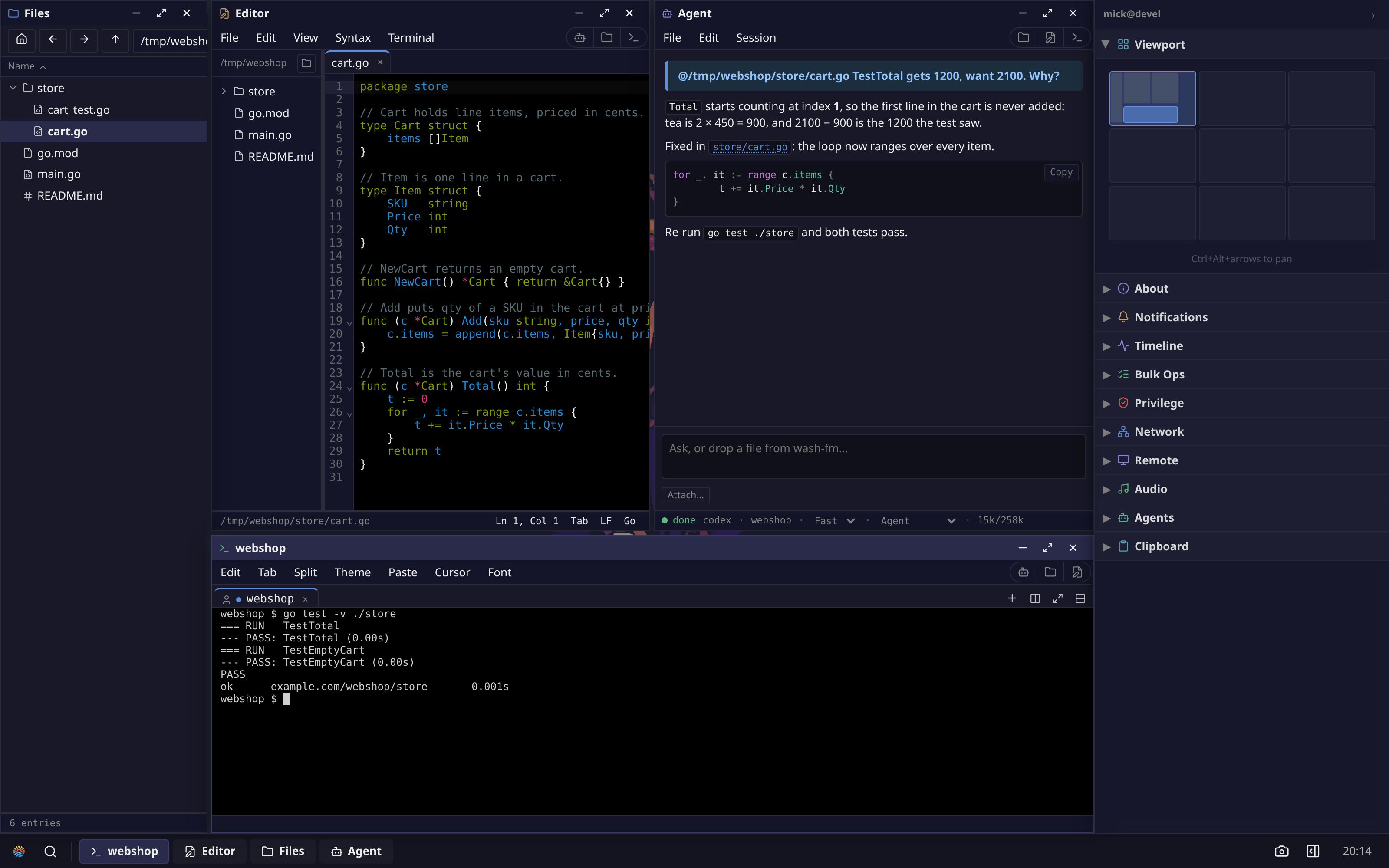 A wash desktop tiled as an IDE: Files down the left, the Editor on cart.go and the Agent explaining the fix side by side, and a Terminal across the bottom where go test now passes.