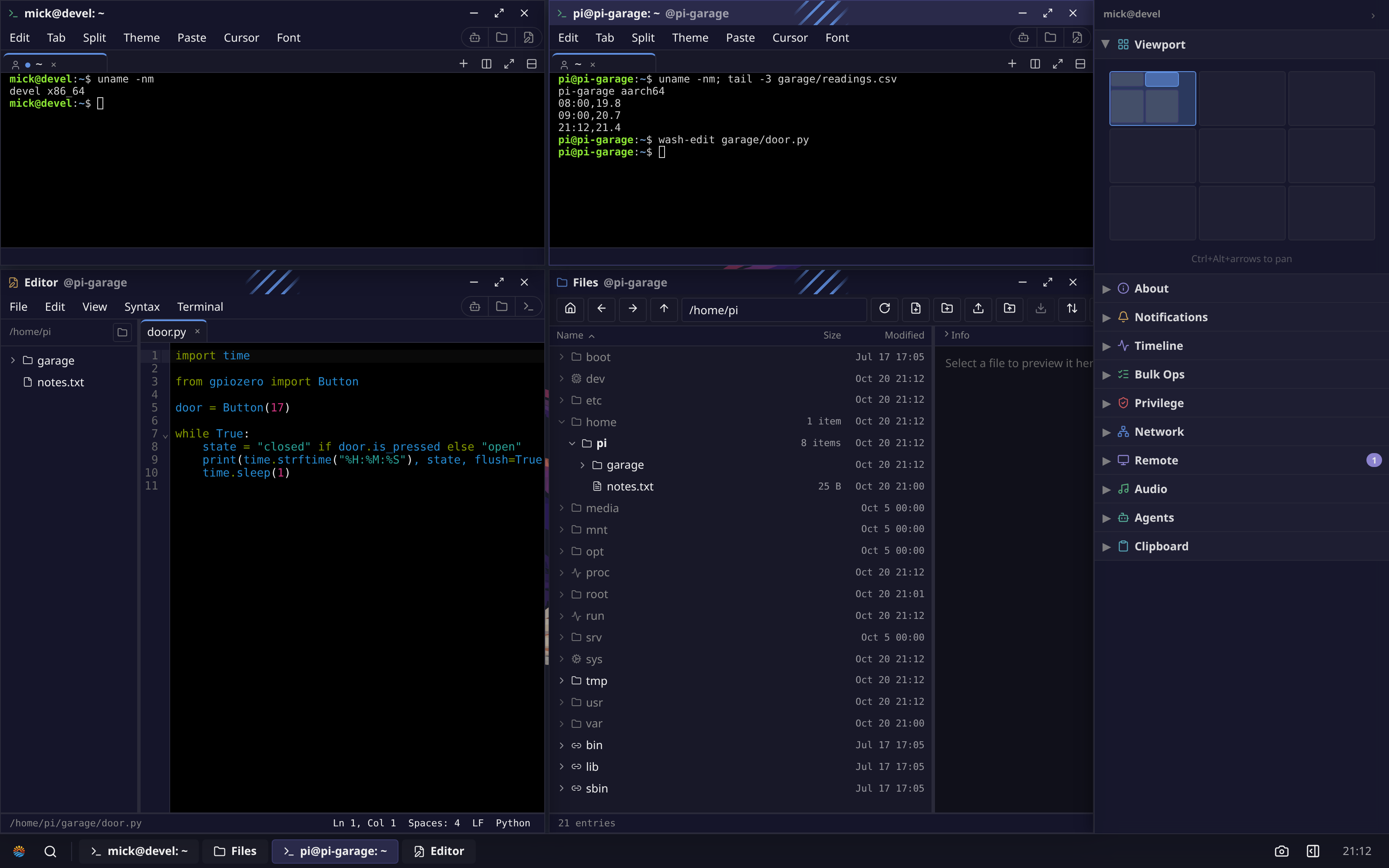 A wash desktop on an x86_64 machine with four tiled windows: a local terminal, and a terminal, Editor and Files from pi-garage, an arm64 machine, each striped and labelled @pi-garage.