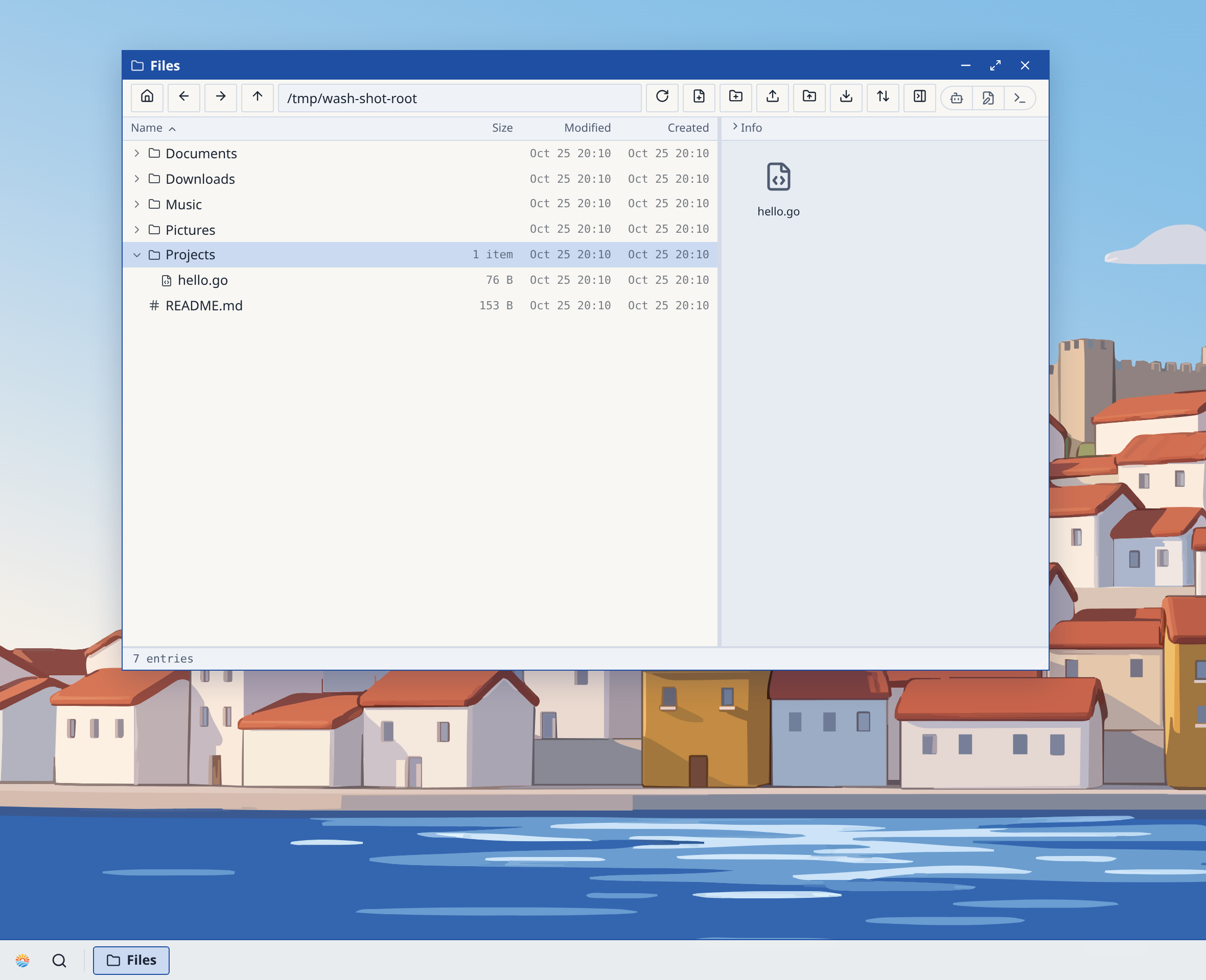 Files under the Lisbon theme: cobalt title bar over a painted harbour of whitewashed houses.