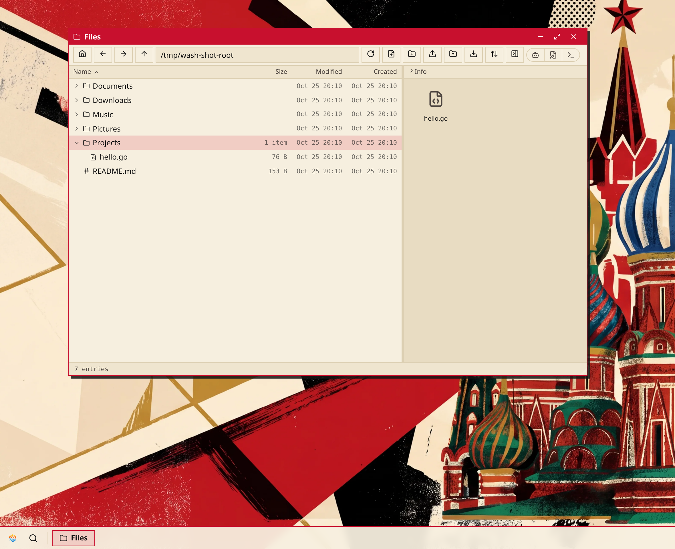 Files under the Moscow theme: red title bar and square corners over a Constructivist poster wallpaper.